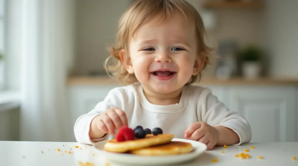 Un bébé heureux, assis à table, dégustant des pancakes garnis de fruits frais comme des baies et des tranches de banane. L’image capture un moment agréable de découverte alimentaire, où le bébé savoure des pancakes sains et nutritifs. Ces pancakes, faciles à manger, soutiennent l'autonomie de bébé tout en lui offrant un repas équilibré et riche en vitamines.