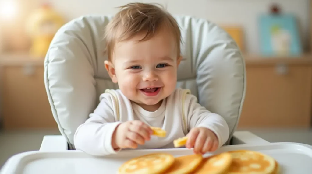 Un bébé joyeux découvre le plaisir de manger seul des pancakes, assis confortablement dans une chaise haute. La photo capture un moment d’autonomie et d'éveil sensoriel où le bébé explore les textures et les saveurs des pancakes tout en développant ses compétences motrices fines. Ce moment simple et naturel montre l'importance de l'auto-alimentation dès les premiers âges.