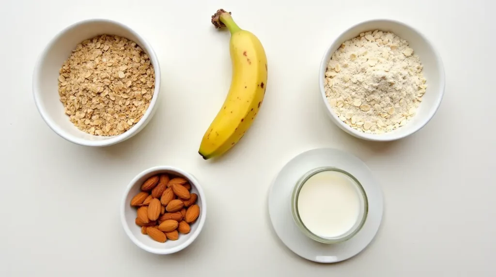 Une vue en plongée des ingrédients sains et nutritifs utilisés pour préparer des pancakes pour bébé. On y voit de la farine complète, une banane mûre, du lait d’amande et des graines de lin, tous choisis pour leur richesse en fibres, vitamines et graisses saines. Ces ingrédients sont parfaits pour une recette de pancakes équilibrée et facilement digestible, idéale pour le petit-déjeuner de votre bébé.