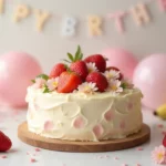 Gâteau d'anniversaire bébé fait maison, décoré avec des fruits frais et des fleurs comestibles, sur une table festive.