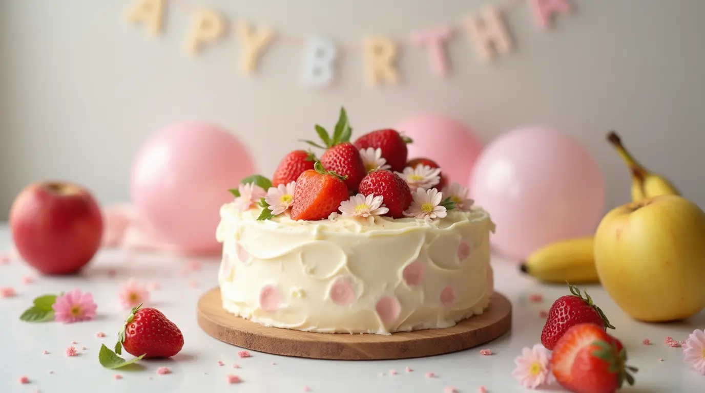 Gâteau d'anniversaire bébé fait maison, décoré avec des fruits frais et des fleurs comestibles, sur une table festive.