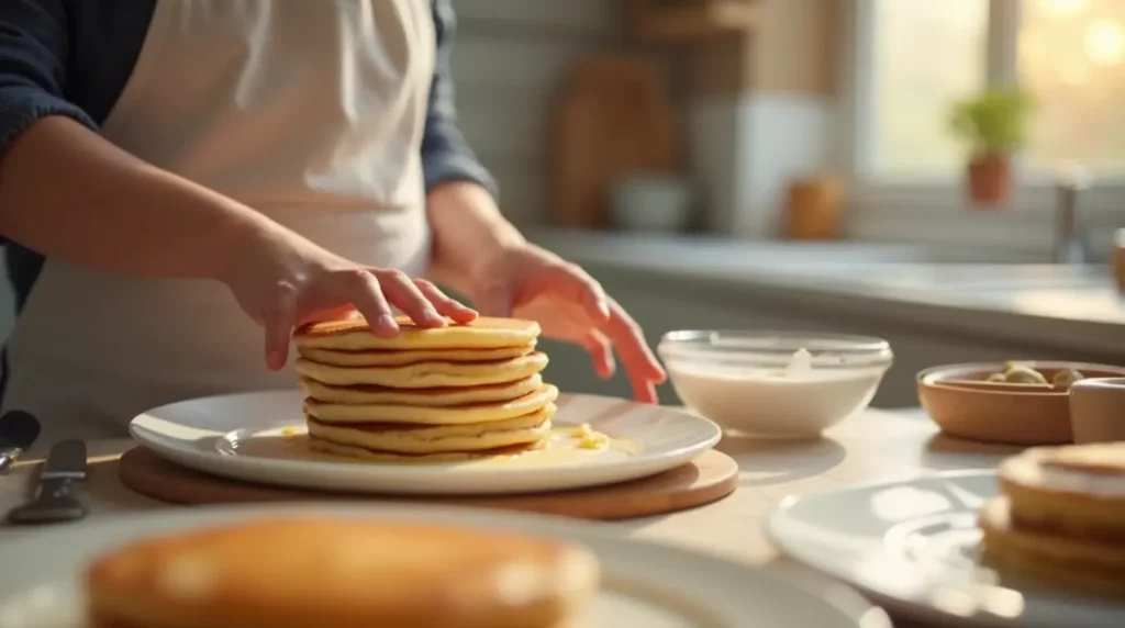 Un parent prépare des pancakes faits maison pour bébé dans une cuisine lumineuse et accueillante. La scène montre la préparation de la pâte avec des ingrédients frais, mettant en valeur l’aspect pratique et sain de cuisiner pour bébé à la maison. Ce moment illustre l'importance d'offrir à bébé des repas équilibrés et faits maison, adaptés à ses besoins nutritionnels.