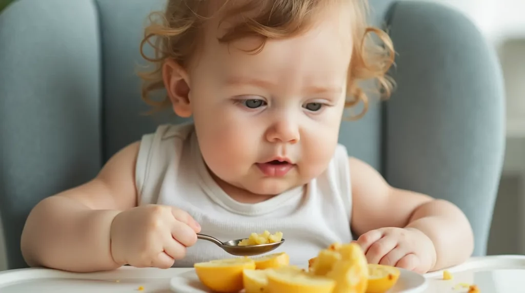 Cette image montre un bébé de 12 mois explorant de nouveaux aliments avec curiosité, un moment fondamental pour stimuler son appétit et ses goûts alimentaires.