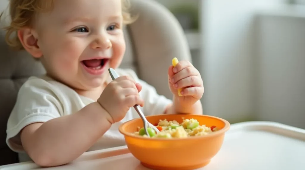 Un bébé de 12 mois mange un repas sain dans une chaise haute, découvrant de nouvelles saveurs et textures, un moment clé pour la diversification alimentaire.