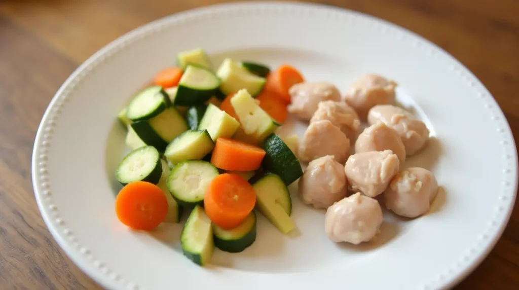 Image d'un repas pour un bébé de 8-12 mois, avec des légumes tendres en morceaux et des morceaux de poulet, montrant l'évolution vers des textures solides.