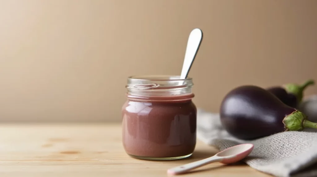 Un petit pot contenant de la purée d'aubergine pour bébé, idéal pour une conservation pratique et un repas rapide.