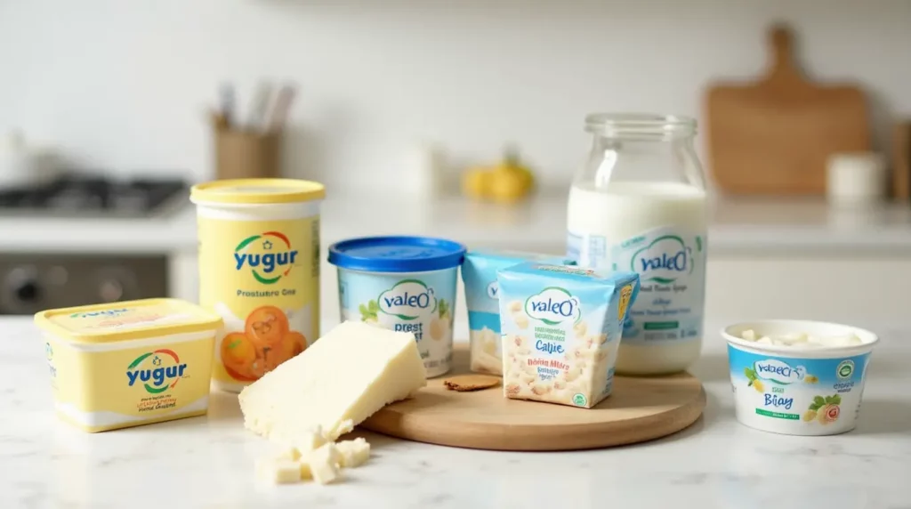 Cette image montre des produits laitiers adaptés aux bébés de 12 mois, tels que le yaourt, le fromage et le lait, pour renforcer leur apport en calcium et en vitamine D.