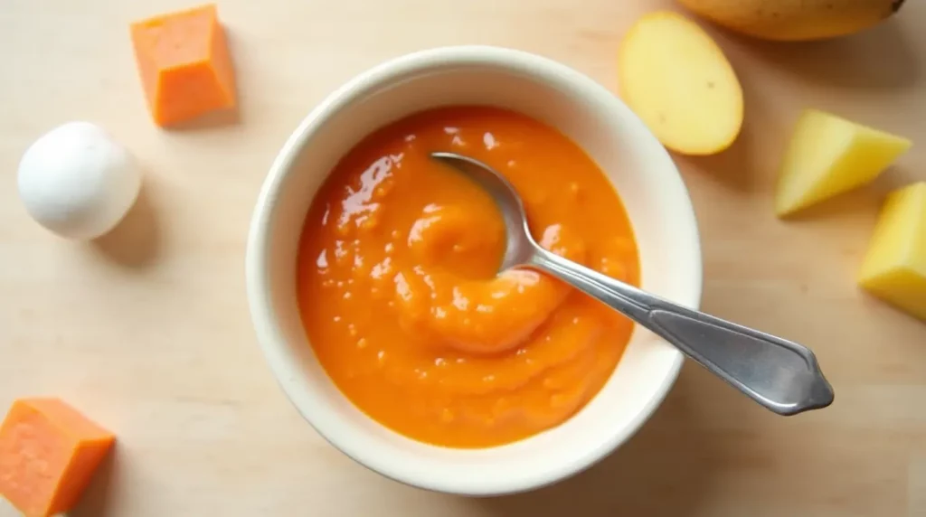 Purée lisse de légumes, idéale pour les bébés de 6 mois qui commencent à découvrir les aliments solides. La texture est douce et facile à digérer.