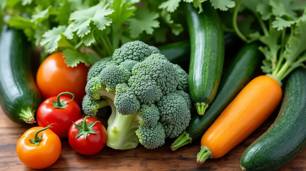 Une sélection de légumes variés (brocoli, courgettes, betteraves) prêts à être cuisinés pour bébé.