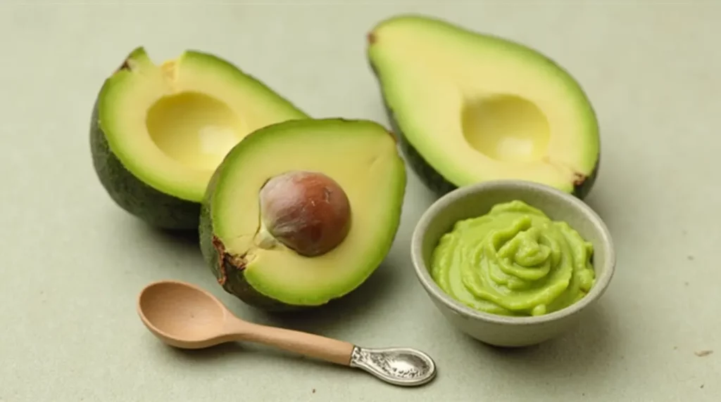 Purée d'avocat maison, riche en bonnes graisses, parfaite pour un repas nutritif et savoureux pour bébé.