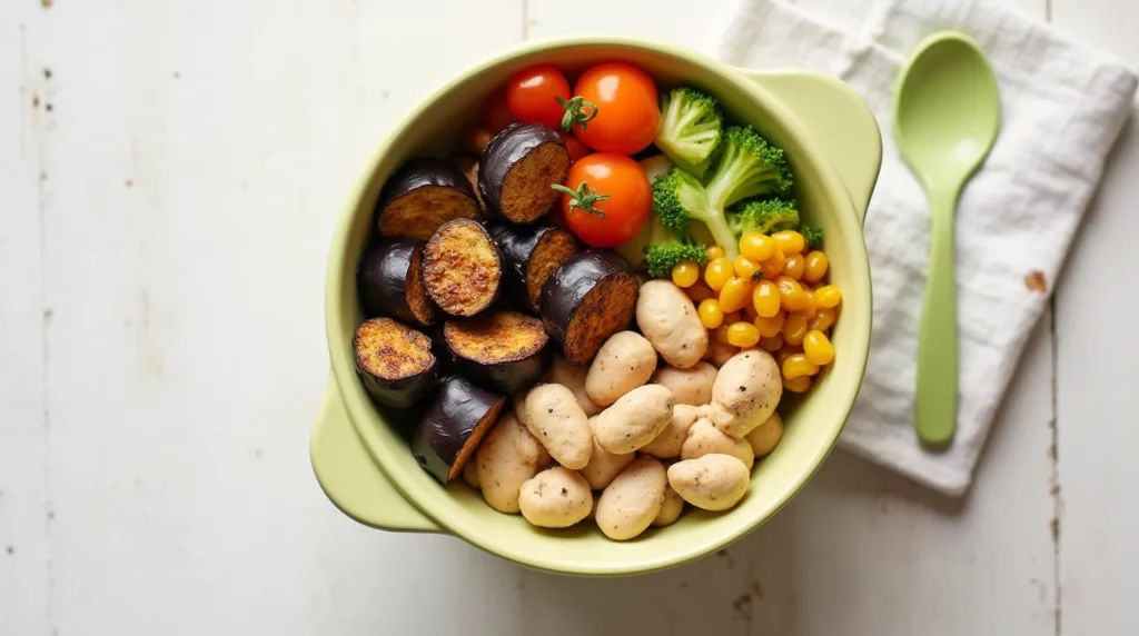 Un repas complet avec aubergine, poulet et légumes, parfait pour un bébé de 18 mois, riche en protéines et nutriments.