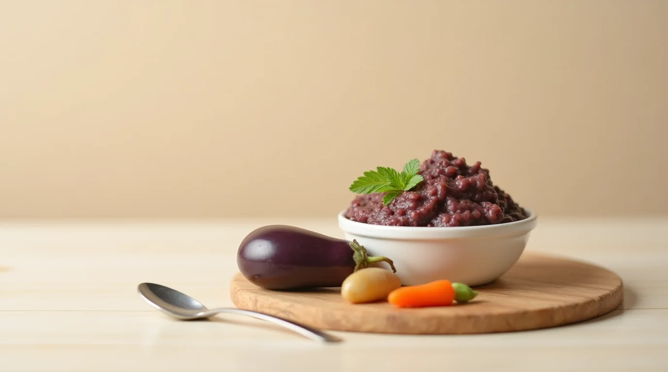 Un bol mignon contenant de la purée d'aubergine lisse et crémeuse, accompagnée de légumes frais comme des carottes et des pommes de terre, prêt à être servi à un bébé de 1 an. La scène évoque la simplicité, la fraîcheur et la nutrition des repas faits maison pour bébé.