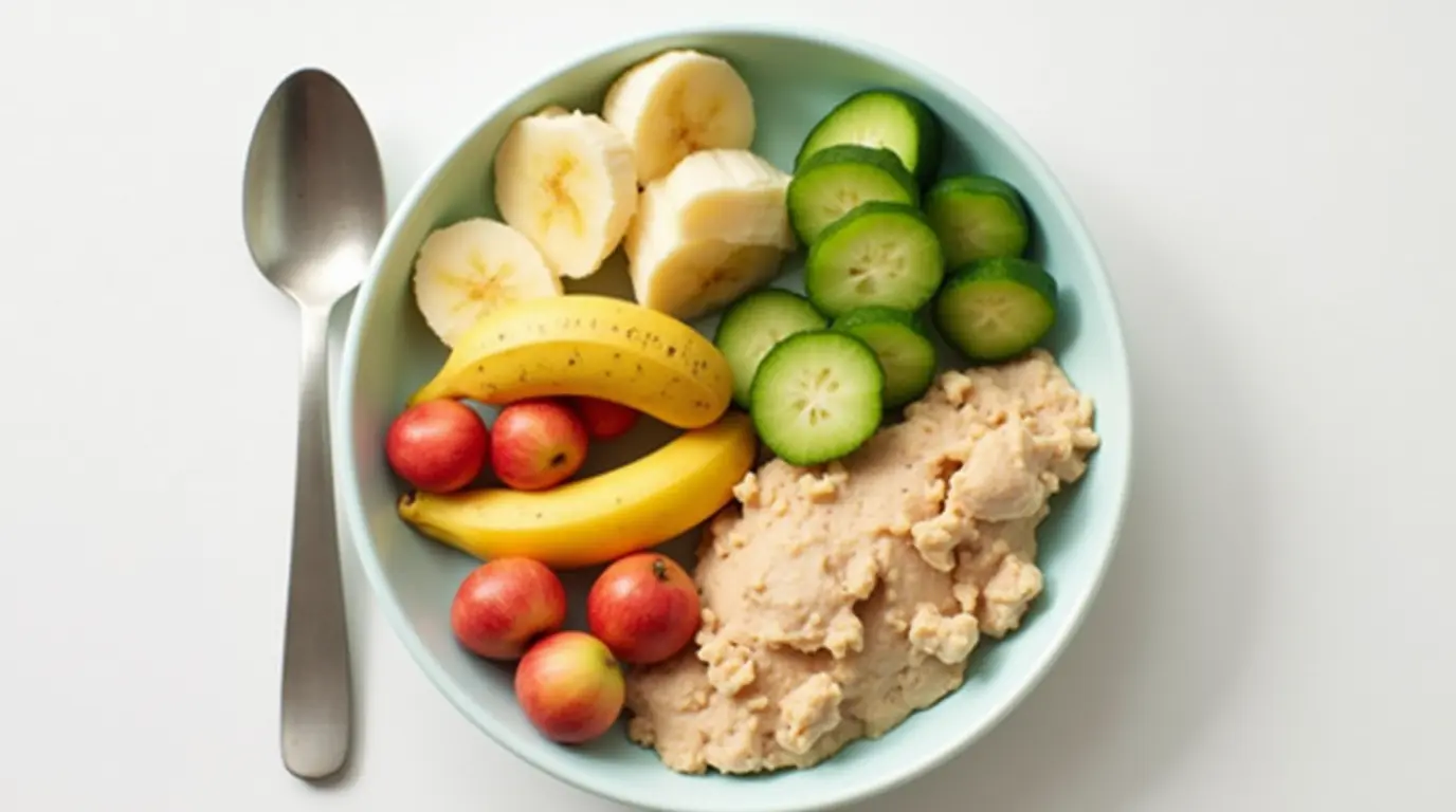 Repas équilibré avec purée de légumes, morceaux de poulet et fruits pour bébé de 8 mois