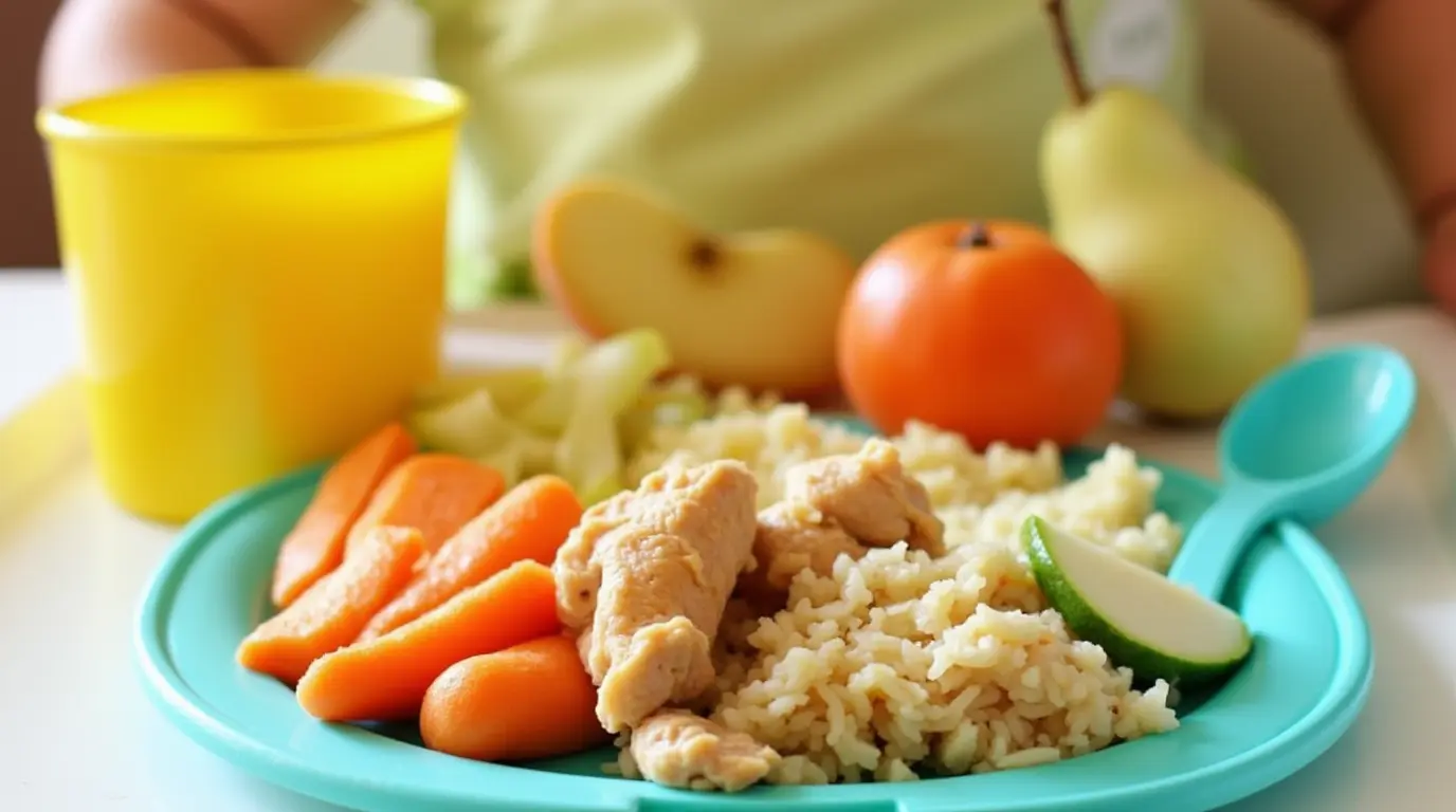 Repas équilibré et sain pour bébé de 12 mois légumes, poulet, riz et fruits.