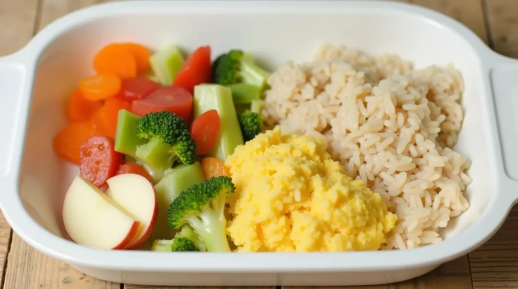 Cette image montre un repas sain et équilibré adapté à un bébé de 12 mois, composé de légumes cuits, de poulet tendre, de riz et de fruits. Idéal pour introduire des aliments variés et nourrissants.