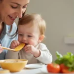 Une maman donnant à son bébé de 6 mois une cuillère de purée maison à base de légumes, symbolisant une alimentation saine et équilibrée pour un bébé en pleine diversification alimentaire.