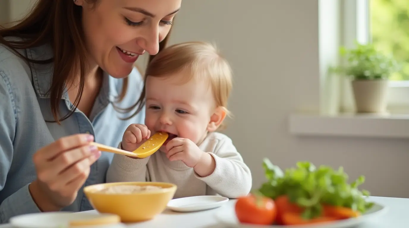 Une maman donnant à son bébé de 6 mois une cuillère de purée maison à base de légumes, symbolisant une alimentation saine et équilibrée pour un bébé en pleine diversification alimentaire.