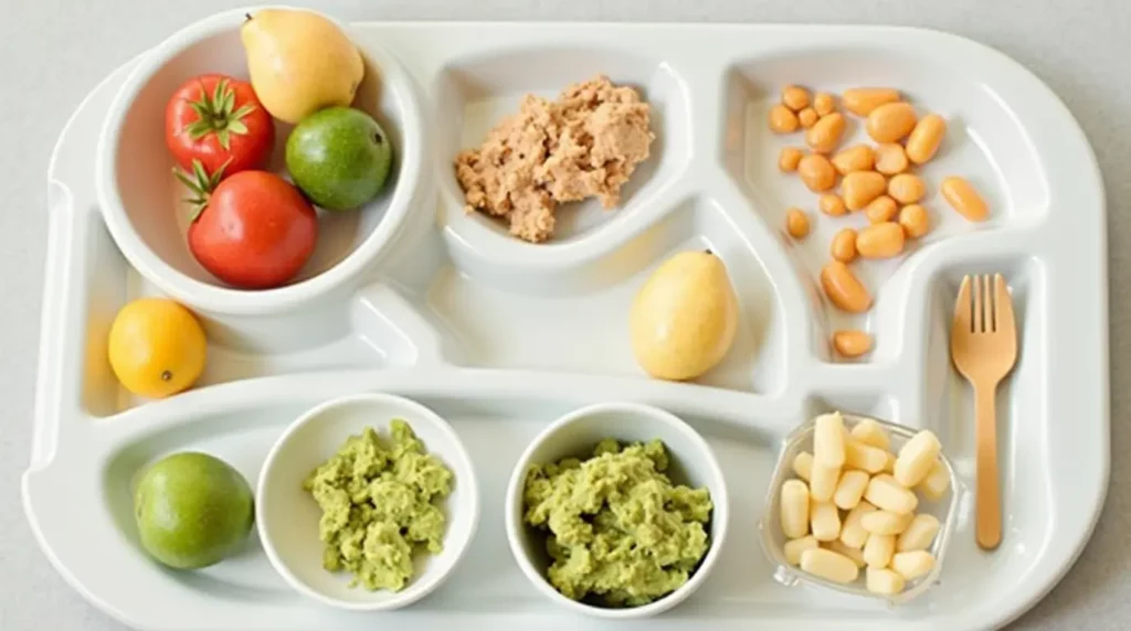 Cette image montre des portions d’aliments adaptées à un bébé de 12 mois, comprenant des fruits écrasés, des légumes et des protéines tendres, pour encourager une alimentation équilibrée et adaptée.