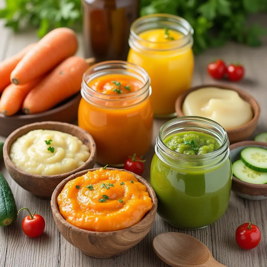 Des purées de légumes et de fruits frais prêtes pour l'alimentation diversifiée d'un nourrisson de 6 mois.