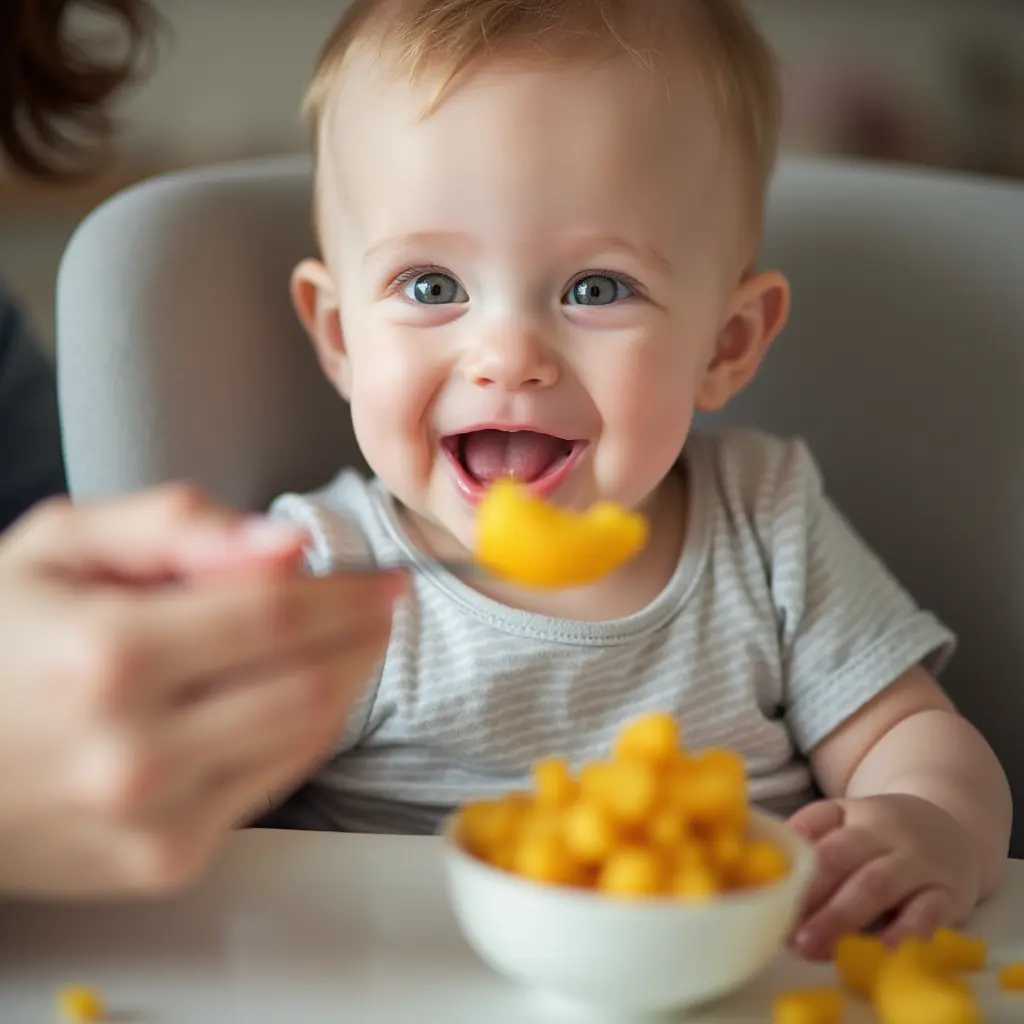 Un parent donne une cuillère de purée à bébé, encourageant la découverte de nouveaux goûts et textures dans un environnement calme.