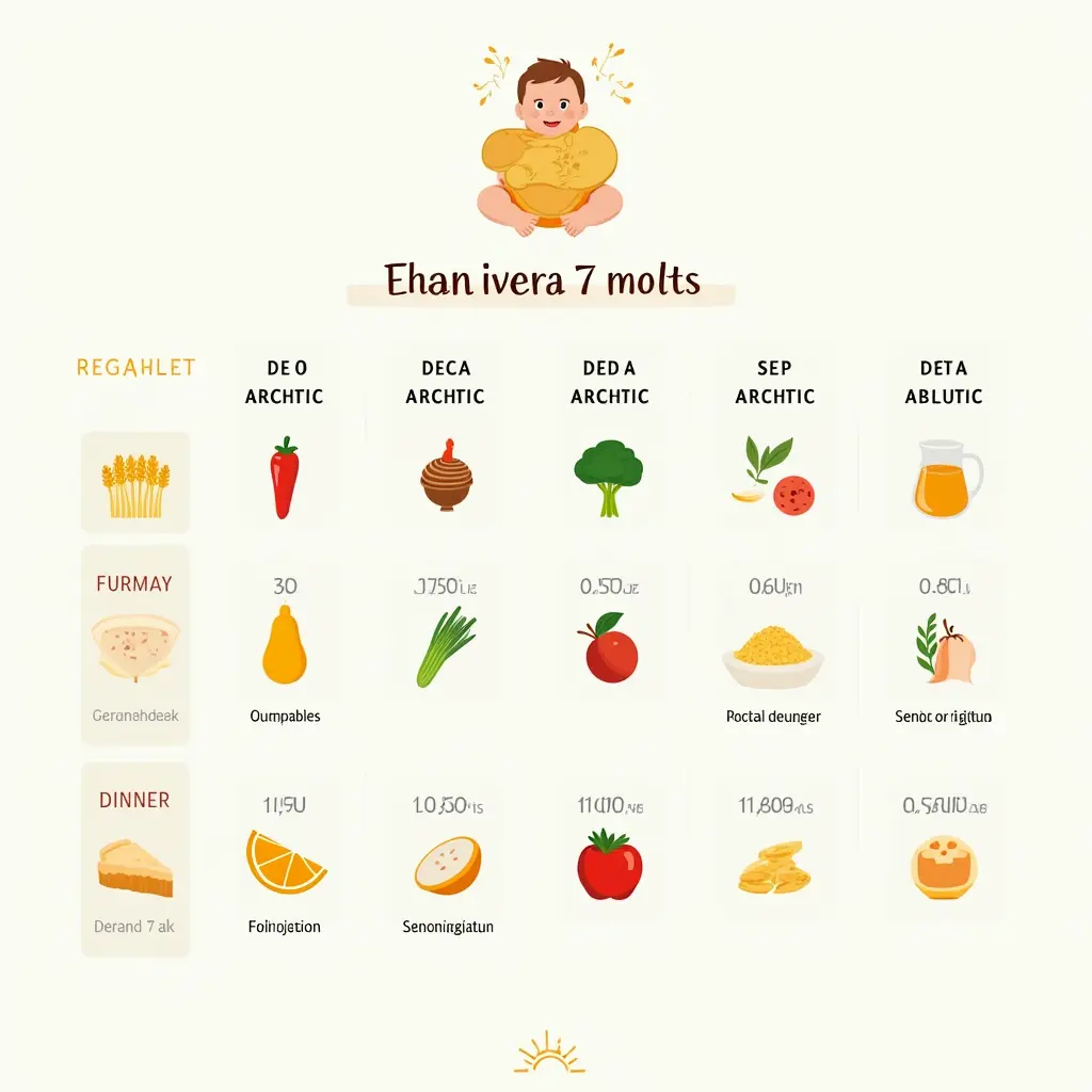 Exemple de journée type de repas pour un bébé de 7 mois, incluant des repas équilibrés et adaptés à son développement.