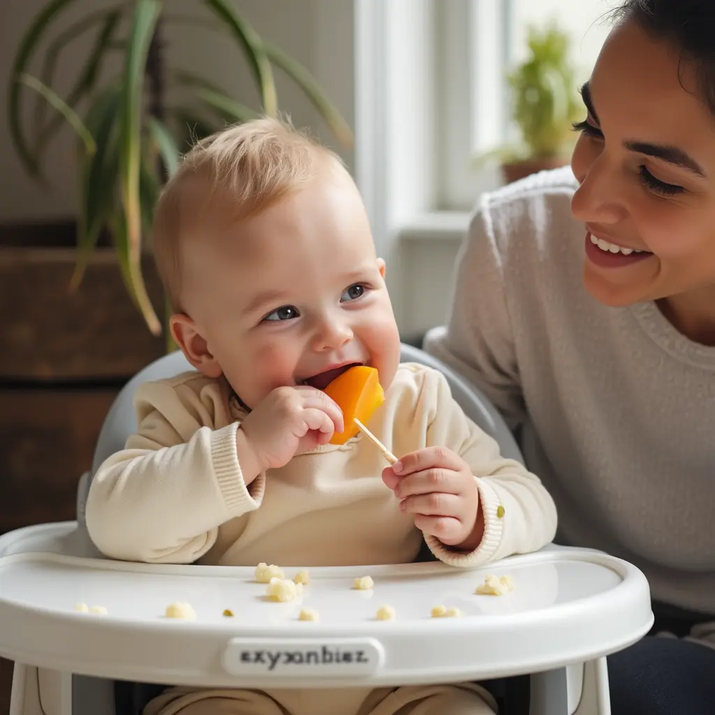 Une illustration de l’introduction en toute sécurité des aliments solides, avec un bébé qui goûte un fruit sous la surveillance attentive d'un adulte.